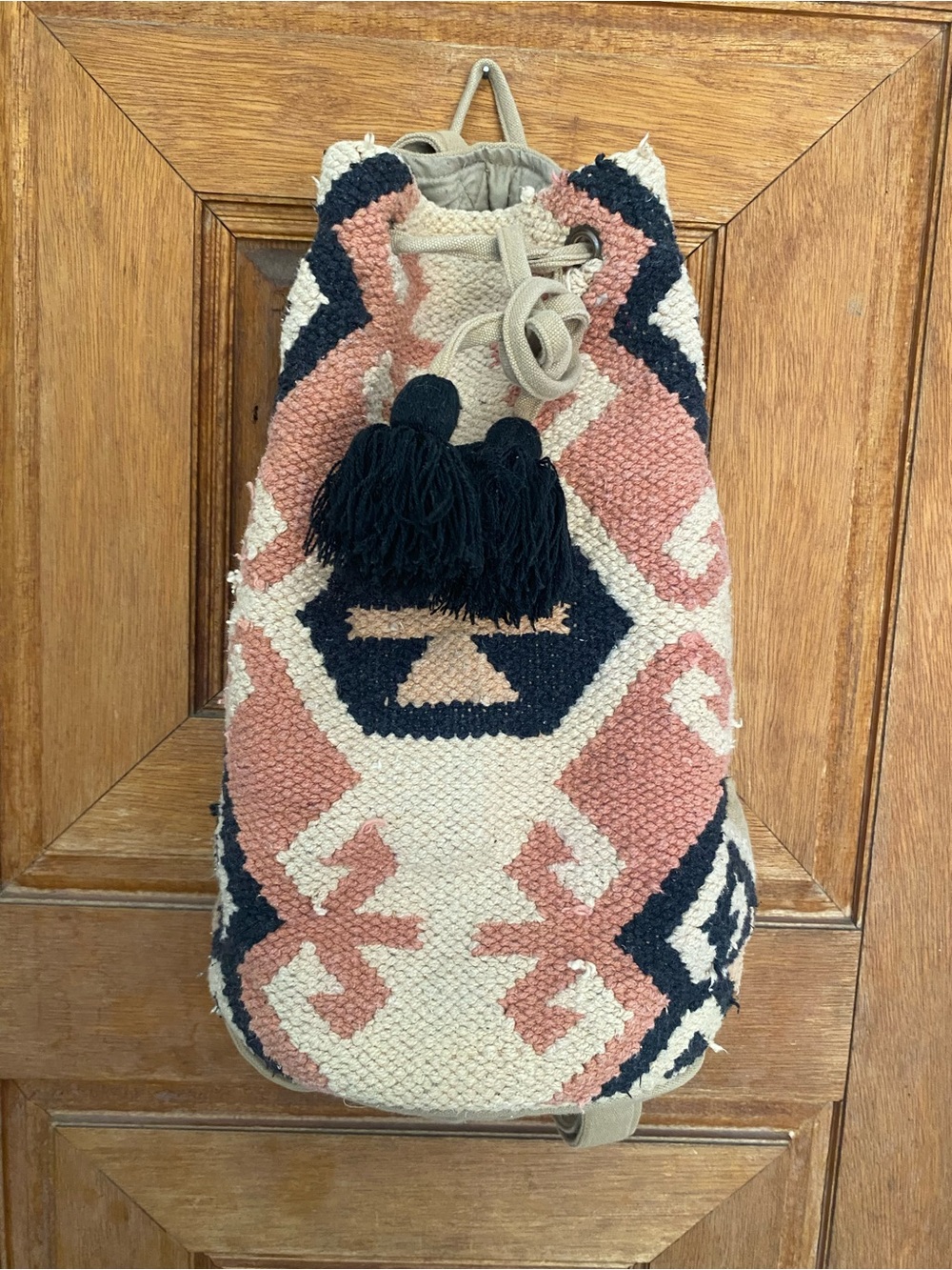 kilim cotton woven Geometric Drawstring Backpack Pink black khaki Cream